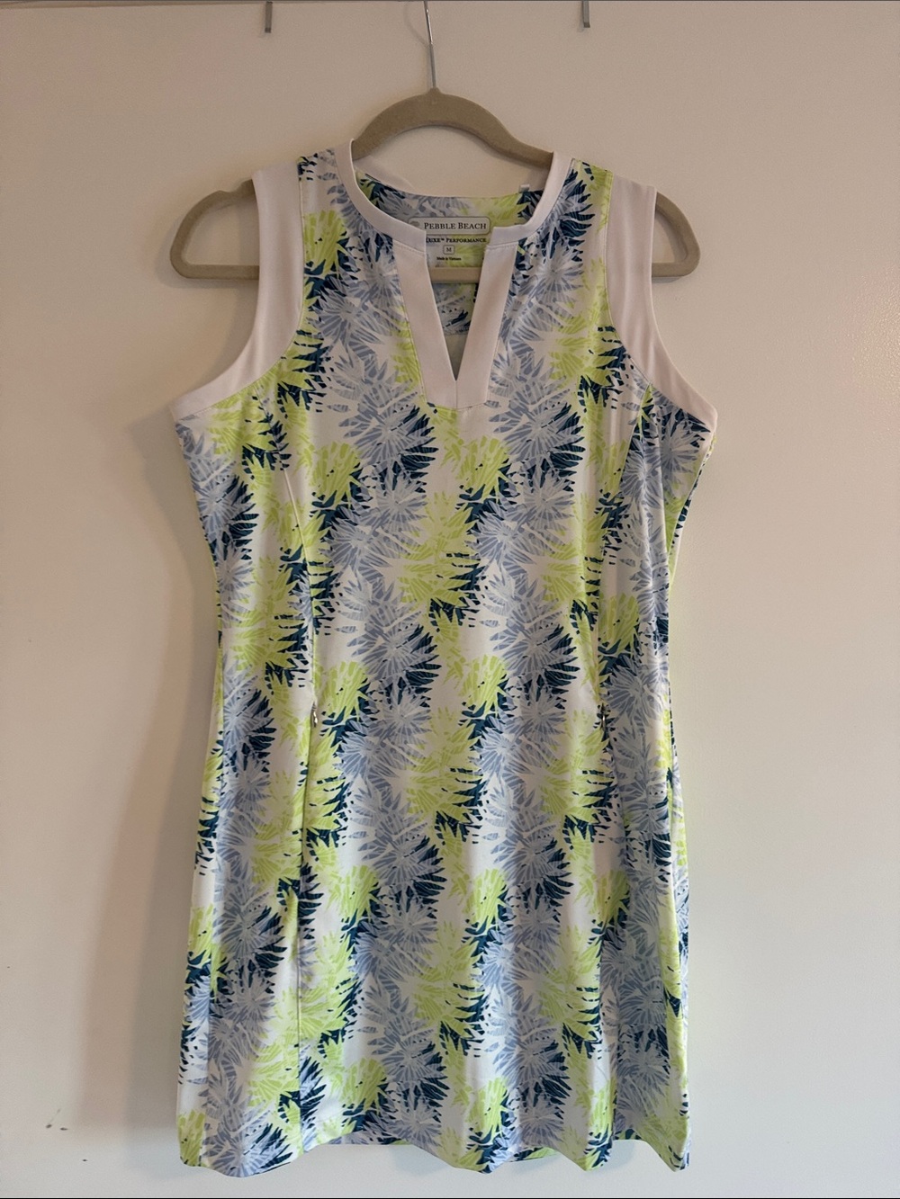 Pebble Beach White Golf Dress with Blue and Lime Leaf Print
